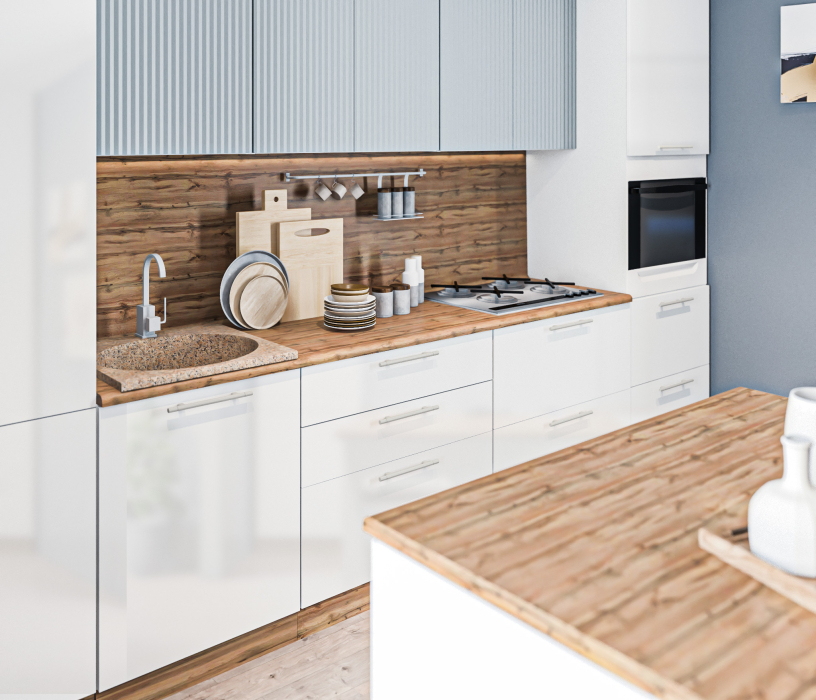 Кухонные гарнитуры, Кухонный гарнитур Регина Белый/МДФ Анна Белый глянец, МДФ Джаз Светло-серый 3,4 м