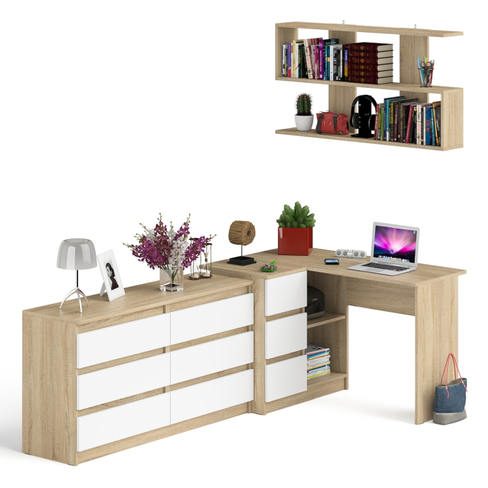 Домашние кабинеты, Стол угловой компьютерный Мори МС-16 левый с навесной книжной полкой и комодом МК1380.6