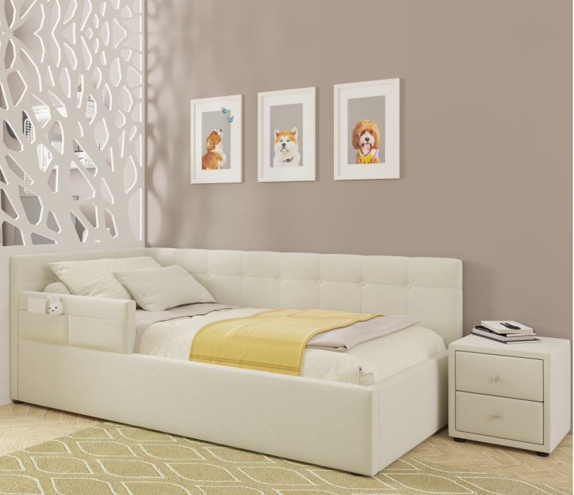 Мягкая кровать, Односпальная кровать-тахта Bonna 900 с защитным бортиким и подъемным механизмом