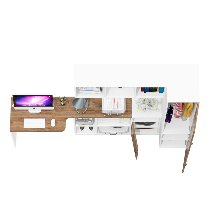 Домашние кабинеты, Компьютерный стол с нишами с навесной полкой Лидер-8 и тумбочкой 3.19 с пеналом для одежды