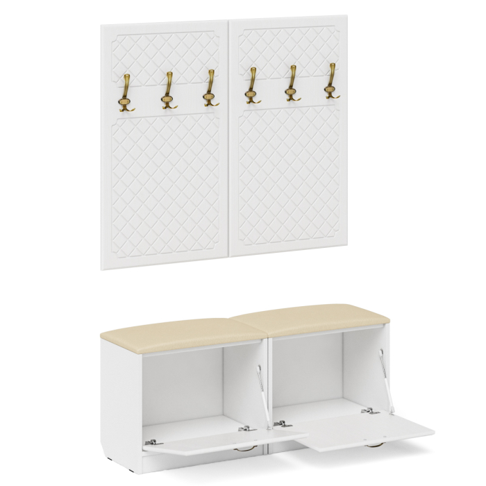 Прихожие, Две обувницы с мягким сиденьем с двумя вешалками для одежды П-6 МДФ фрезеровка ромб