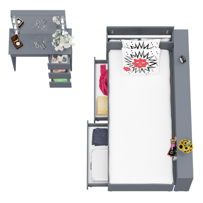 Спальные гарнитуры, Кровать с ящиками с прикроватным блоком для вещей Ксения 900 и столик косметический с подсветкой Сура