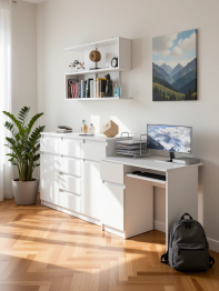 Навесная полка 900 Мори со столом компьютерным МС-1 левый и комодом МК1200.4