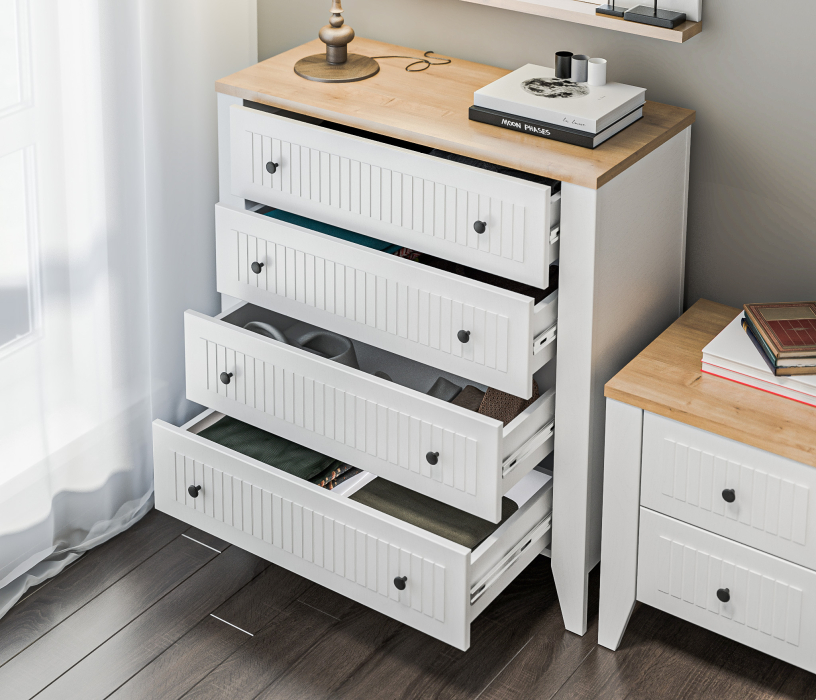 Спальные гарнитуры, Спальня Монтана с комодом Белый Альпийский,Дуб Гамильтон/МДФ Дуб Белый