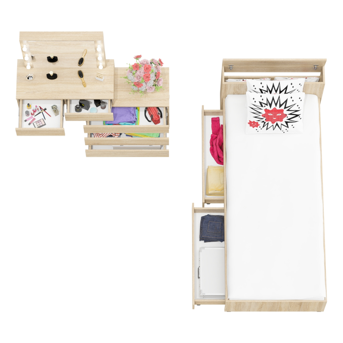 Спальные гарнитуры, Стол косметический с подсветкой 110 с кроватью с выдвижными ящиками Ксения 900