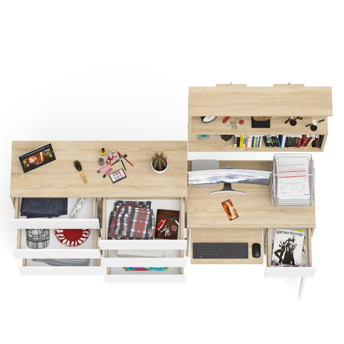 Домашние кабинеты, Стол компьютерный Мори МС-1 правый с комодом на 10-ть ящиков и навесной полкой 900