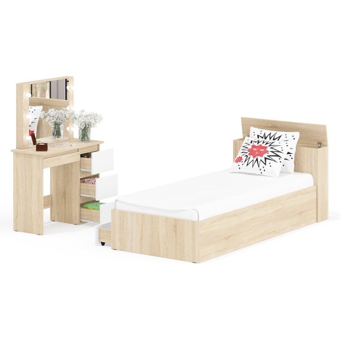 Спальные гарнитуры, Кровать с ящиками Ксения 900 и столик косметический с подсветкой Сура