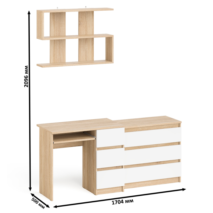 Прямые компьютерные столы, Стол компьютерный Мори МС-6 правый с навсеной полкой сверху и комодом на три ящика