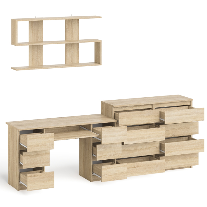 Домашние кабинеты, Полка Мори 1200 с письменным столом Мори МС-2 и комодом на восемь ящиков
