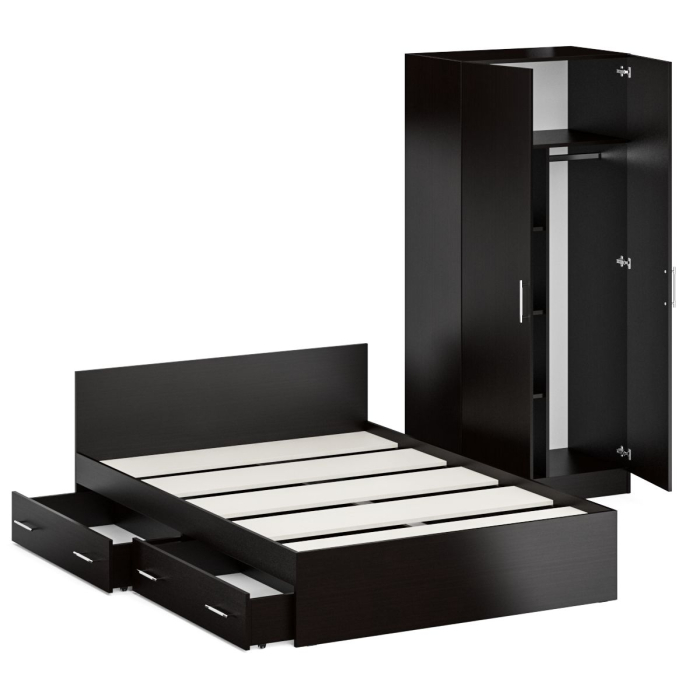 Спальные гарнитуры, Двуспальная Кровать с ящиками 1400 со шкафом для одежды 2-х створчатым Стандарт