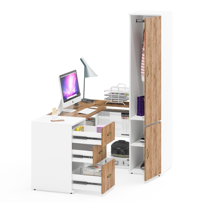 Домашние кабинеты, Шкаф платяной узкий Лидер-8 23Б со столом компьютерным и тумбочкой три ящика