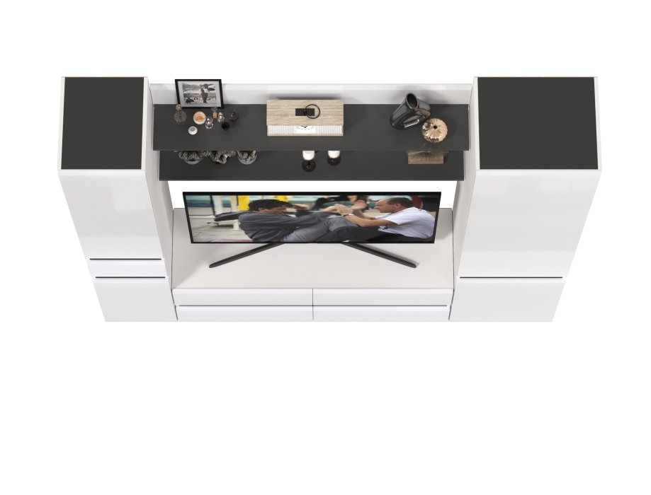 Стенки для гостиной, ТВ-тумба с двумя полочками и шкафом с ящиком и шкафом с полками внутри Сидней