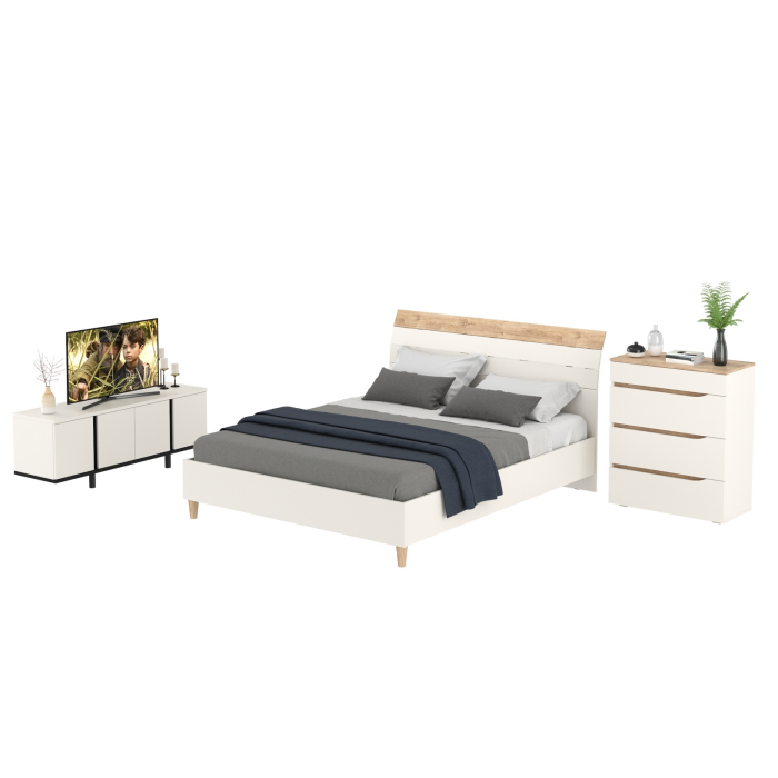 Спальные гарнитуры, Тумба ТВ 13.276 с кроватью Муссон с основанием 1600 и комод 13.97