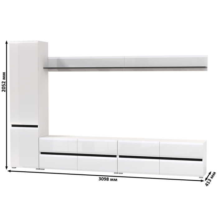 Стенки для гостиной, Две ТВ-тумбы с двумя навесными полочками и шкафом с полками Сидней