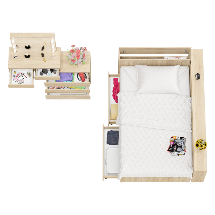 Спальные гарнитуры, Туалетный столик для спальни с подсветкой 110 и Ксения кровать 1200 с ящиками и прикроватный блок