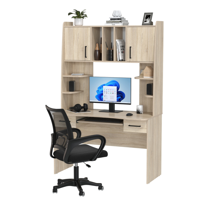 Прямые компьютерные столы, Компьютерный стол с надстройкой Бета и кресло компьютерное чёрное