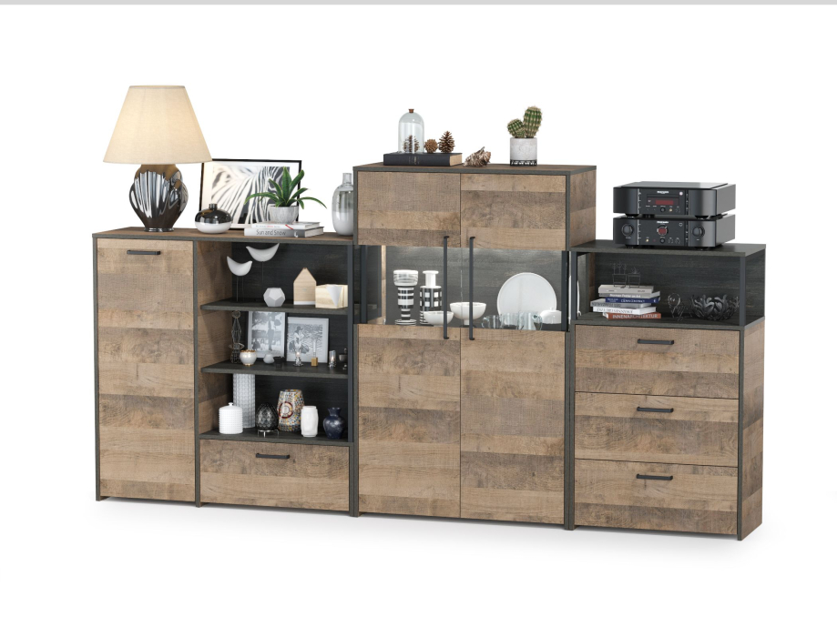 Стенки для гостиной, Комод с ящиком Трувор и дверкой с комодом с витриной с подсветкой и комод с тремя ящиками