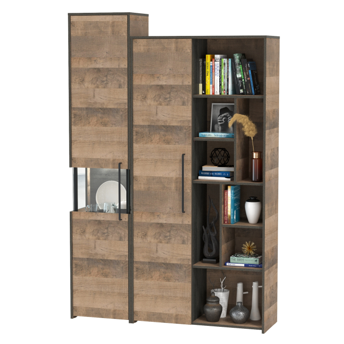 Стенки для гостиной, Шкаф-пенал с витриной с подсветкой и высокий шкаф-стеллаж Трувор