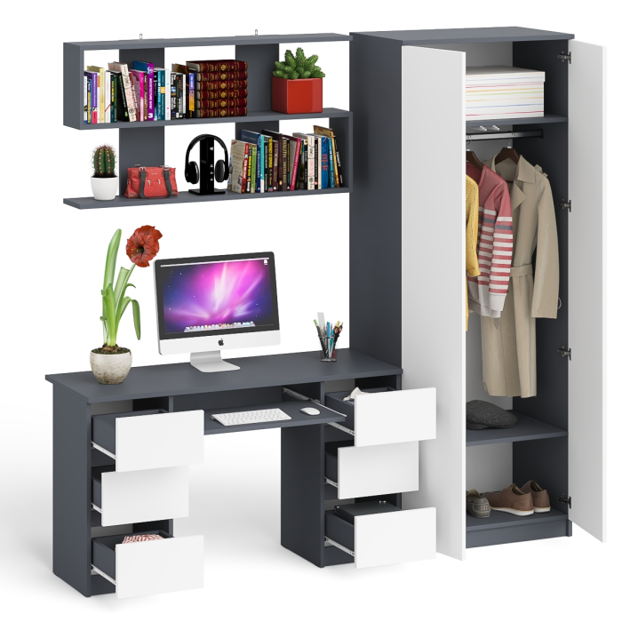 Домашние кабинеты, Платяной шкаф две двери Мори МШ800.1 с компьютерным столом и полкой навесной