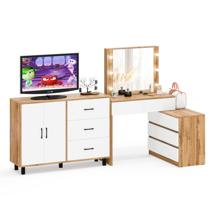 С зеркалом, Стол косметический с подсветкой 110 и тумба-комод с тремя ящиками и дверками 123-1204