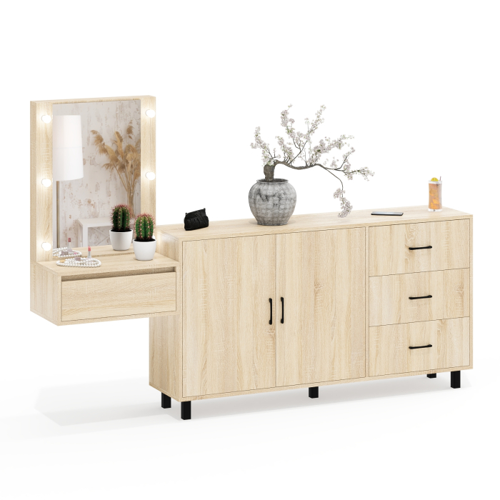 С зеркалом, Косметический навесной столик с подсветкой и комод с ящиками и дверками 123-1604