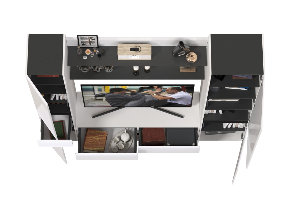 Стенки для гостиной, ТВ-тумба с двумя полочками и шкафом с ящиком и шкафом с полками внутри Сидней