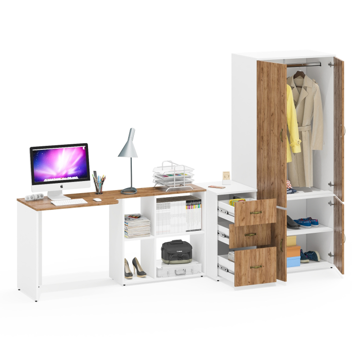 Домашние кабинеты, Платяной шкаф 19Б с рабочим столом-трансформером и тумбочкой для бумаг и документов