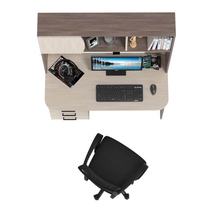 Прямые компьютерные столы, Стол компьютерный с надстройкой Сигма и компьютерное кресло чёрное