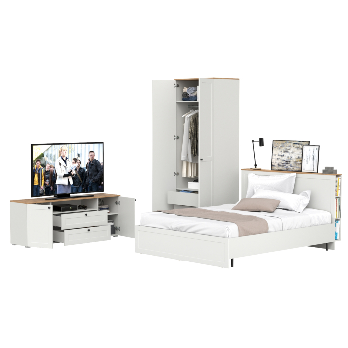 Спальные гарнитуры, Мебель в спальню Остин из тумбы под ТВ с кроватью с ортопедом на 1600 и шкафа-комода для одежды 13.336.02