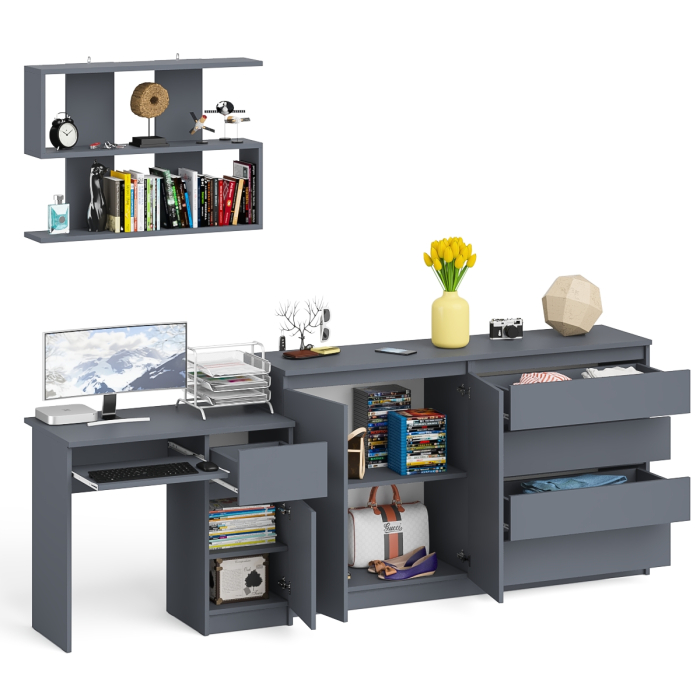 Домашние кабинеты, Тумба-комод с дверками и ящиками на 1600 со столом с тумбой и ящиком справа и навсеной полкой Мори