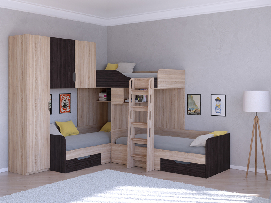Для подростков, Кровать двухъярусная Трио/1 Дуб Сонома
