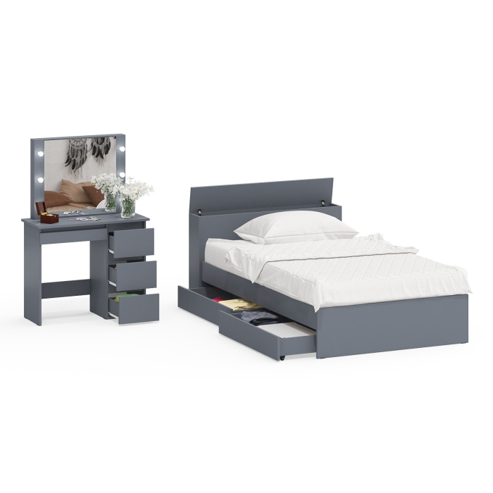 Спальные гарнитуры, Кровать с ящиками полутораспальная Ксения 1200 и туалетный столик с подсветкой Сура