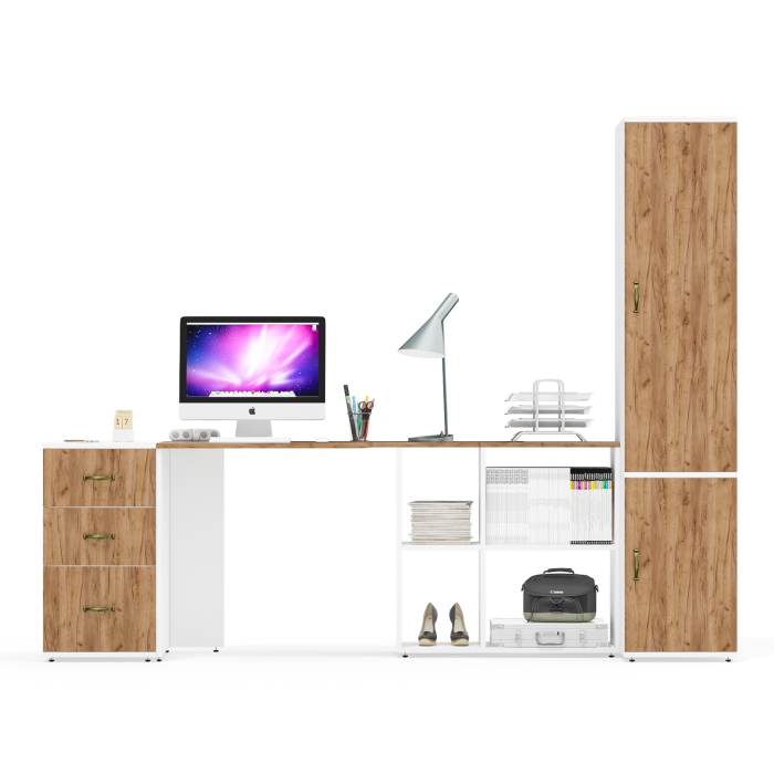 Домашние кабинеты, Шкаф платяной узкий Лидер-8 23Б со столом компьютерным и тумбочкой три ящика