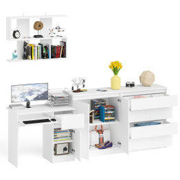 Тумба-комод с дверками и ящиками на 1600 со столом с тумбой и ящиком справа и навсеной полкой Мори