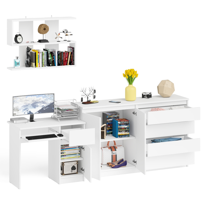 Домашние кабинеты, Тумба-комод с дверками и ящиками на 1600 со столом с тумбой и ящиком справа и навсеной полкой Мори