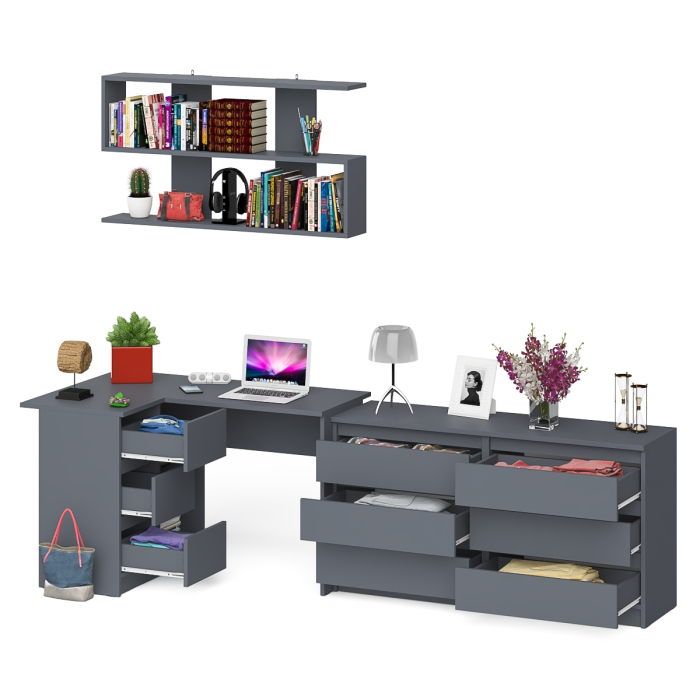 Домашние кабинеты, Стол угловой компьютерный Мори МС-16 левый с навесной книжной полкой и комодом МК1380.6