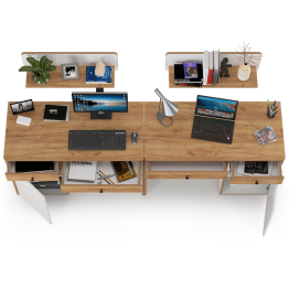 Письменные столы с навесными полками для двоих детей Вуди