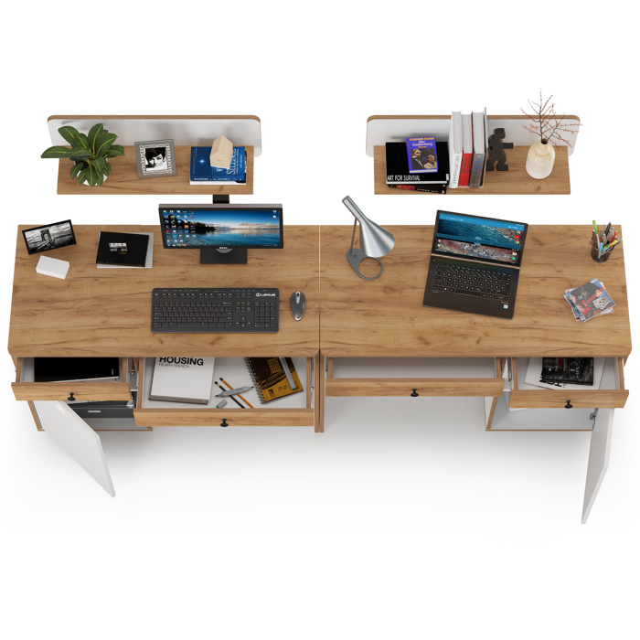 Офисная мебель, Письменные столы с навесными полками для двоих детей Вуди