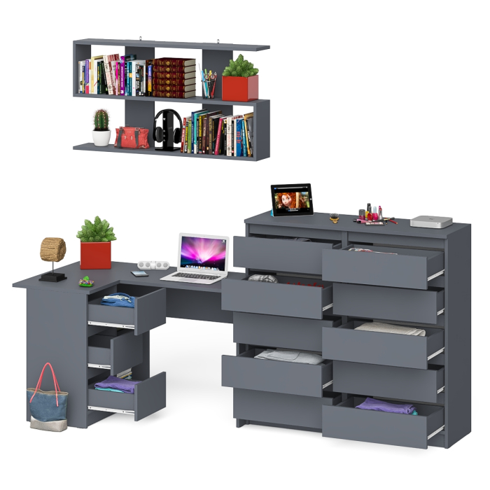 Домашние кабинеты, Стол угловой компьютерный Мори МС-16 левый с комодом на 10-ть ящиков и полкой на 1200
