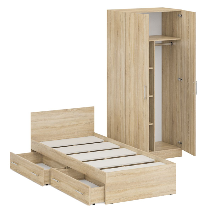 Спальные гарнитуры, Односпальная Кровать с ящиками 900 со шкафом для одежды 2-х створчатым Стандарт