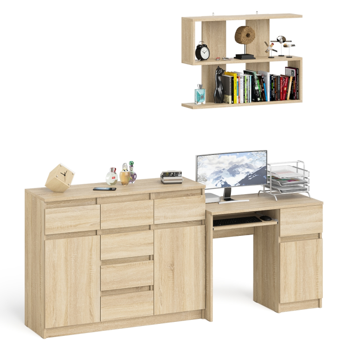 Домашние кабинеты, Тумба-комод Мори МК1200.4 с компьютерным столом МС-1 правый и открытой навесной полкой