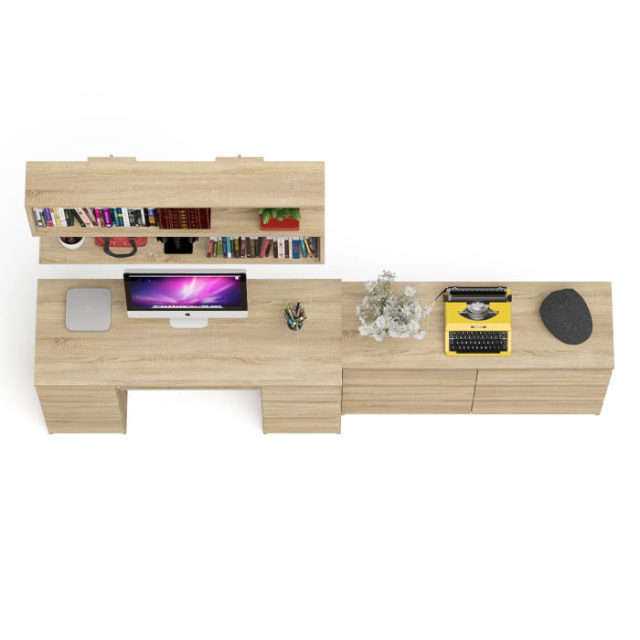 Домашние кабинеты, Широкий комод Мори на шесть ящиков с двутумбовым столом МС-2 и открытой полкой