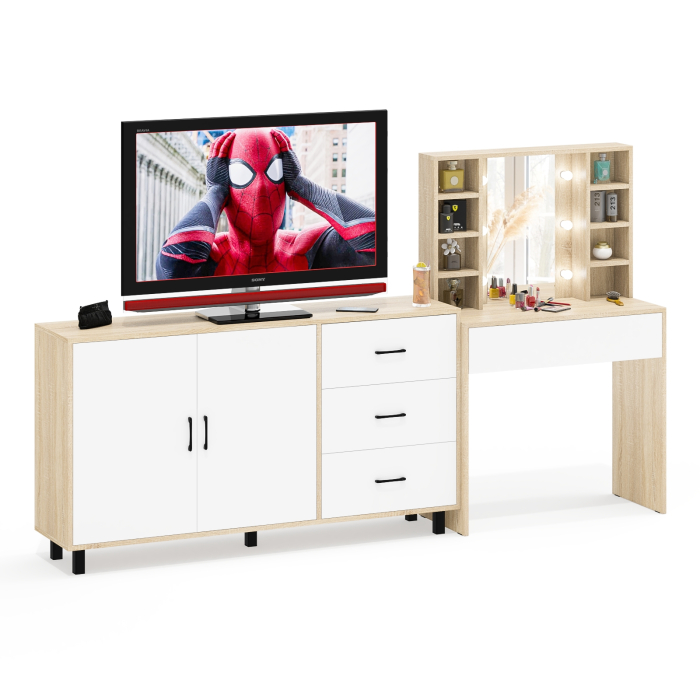 С зеркалом, Косметический cтол с подсветкой и ящиком 115 и комод 123-1604