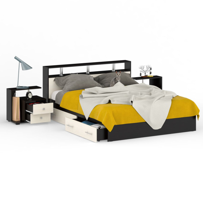 Спальные гарнитуры, Кровать с ящиками Камелия 1600 с двумя прикроватными тумбами