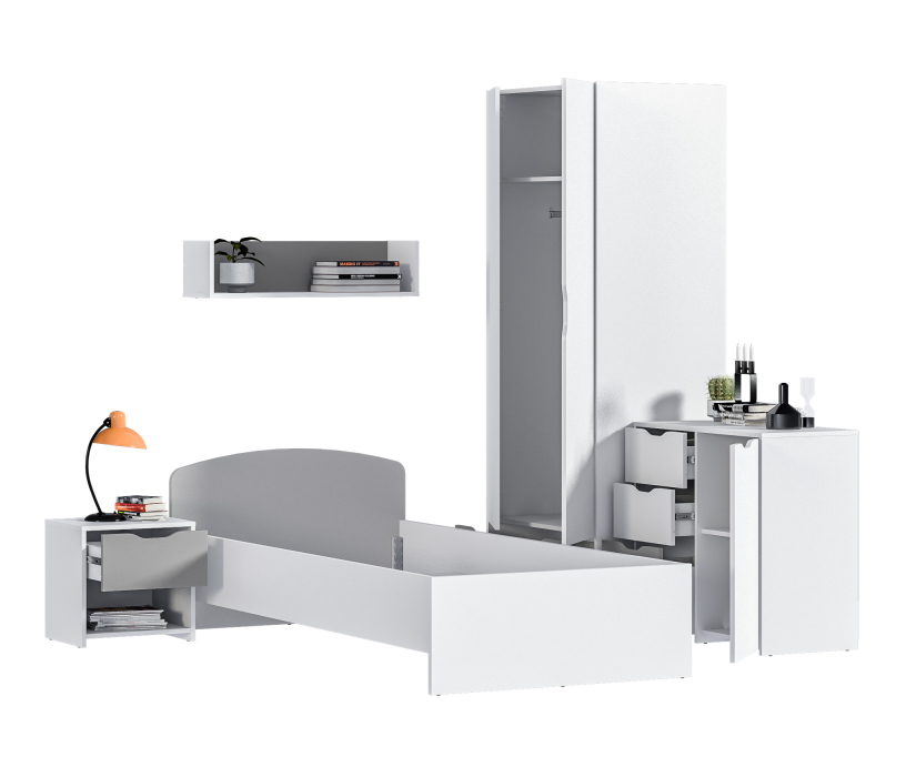 Mika / Мика, Mika / Мика детская Белый/Серый (кровать 900, тумба, шкаф, комод)