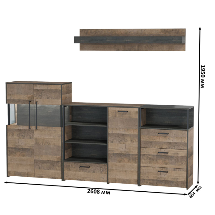 Стенки для гостиной, Комод с витриной с подсветкой с комодом с ящиком и дверкой и с комодом три ящика и ниша Трувор