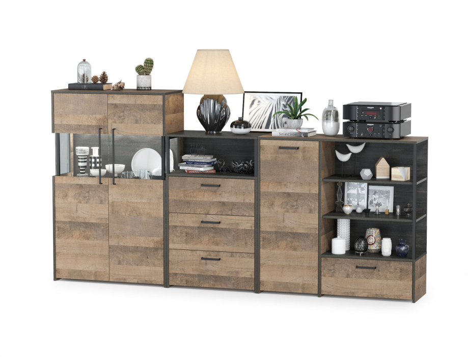 Стенки для гостиной, Комод с ящиком Трувор и дверкой с комодом с витриной с подсветкой и комод с тремя ящиками