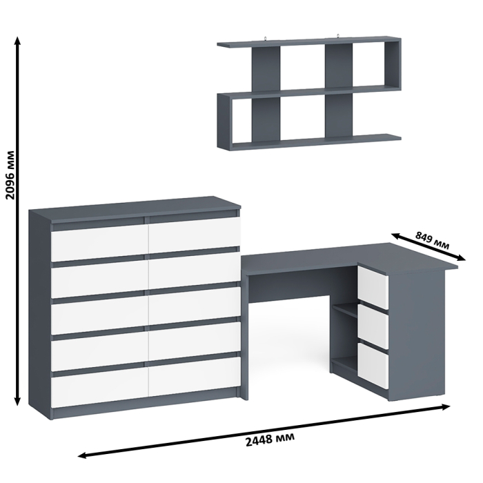 Домашние кабинеты, Набор мебели из углового компьютерного стола Мори МС-16 правого с книжной полкой и комода МК1200.10