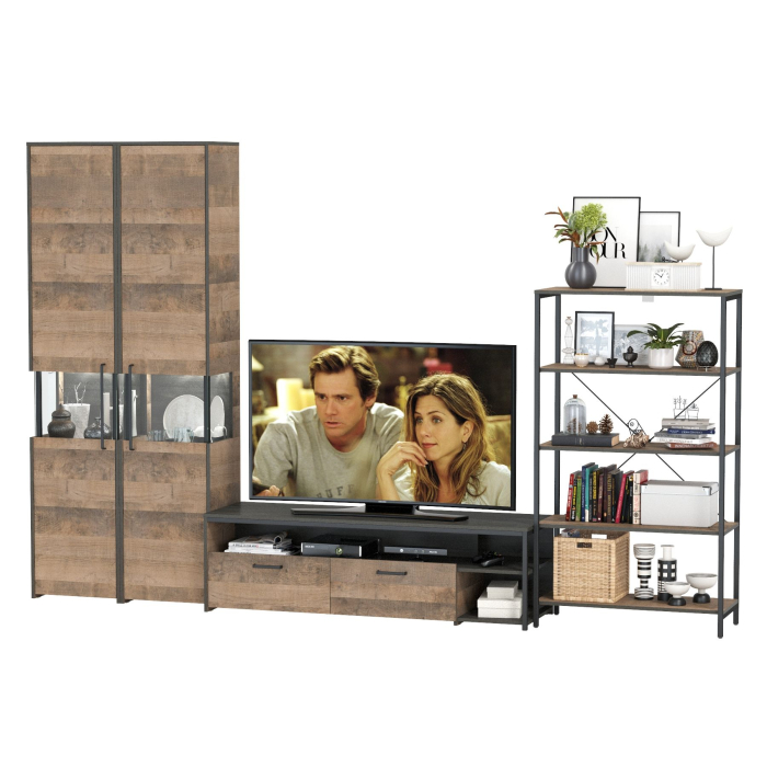 Стенки для гостиной, Шкаф-пенал-витрина с подсветкой с открытым стеллажом и тумбой для телевизора Трувор