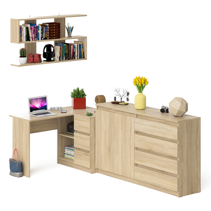Домашние кабинеты, Тумба-комод МК1600.1 Мори с навесной книжной полкой и угловой компьютерный стол МС-16 правый